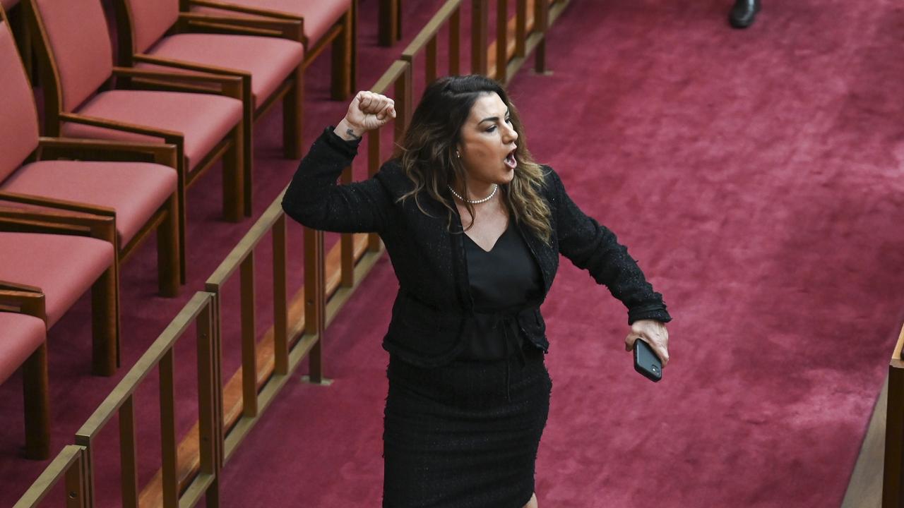 Senator Lidia Thorpe leaving the chamber as the Constitution Alteration (Aboriginal and Torres Strait Islander Voice) 2023 passes in the Senate at Parliament House in Canberra. Picture: NCA NewsWire / Martin Ollman