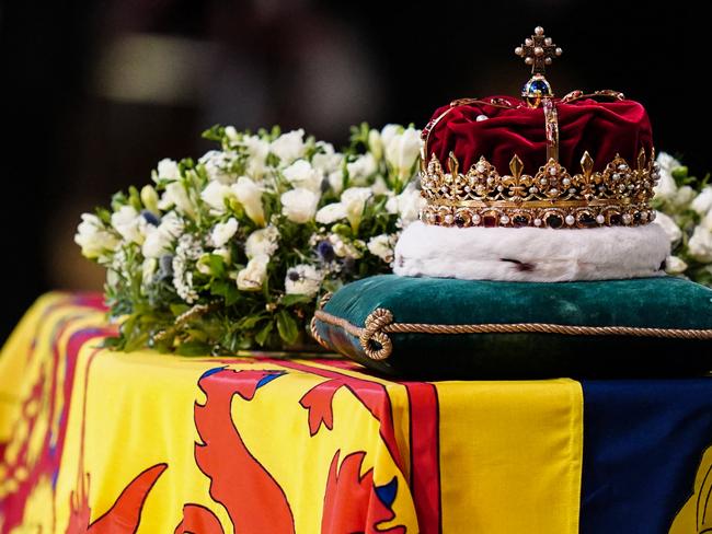 The Crown of Scotland sits atop the coffin of Queen Elizabeth II inside St Giles Cathedral in Edinburgh on September 12, 2022, during a service of thanksgiving for her life. Picture: AFP