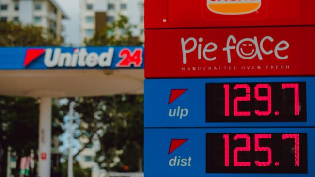 Petrol prices across Darwin have jumped by up to 10 cents per litre in recent days. Pictured are petrol prices at United on Daly St, Darwin City this morning. Picture: Glenn Campbell