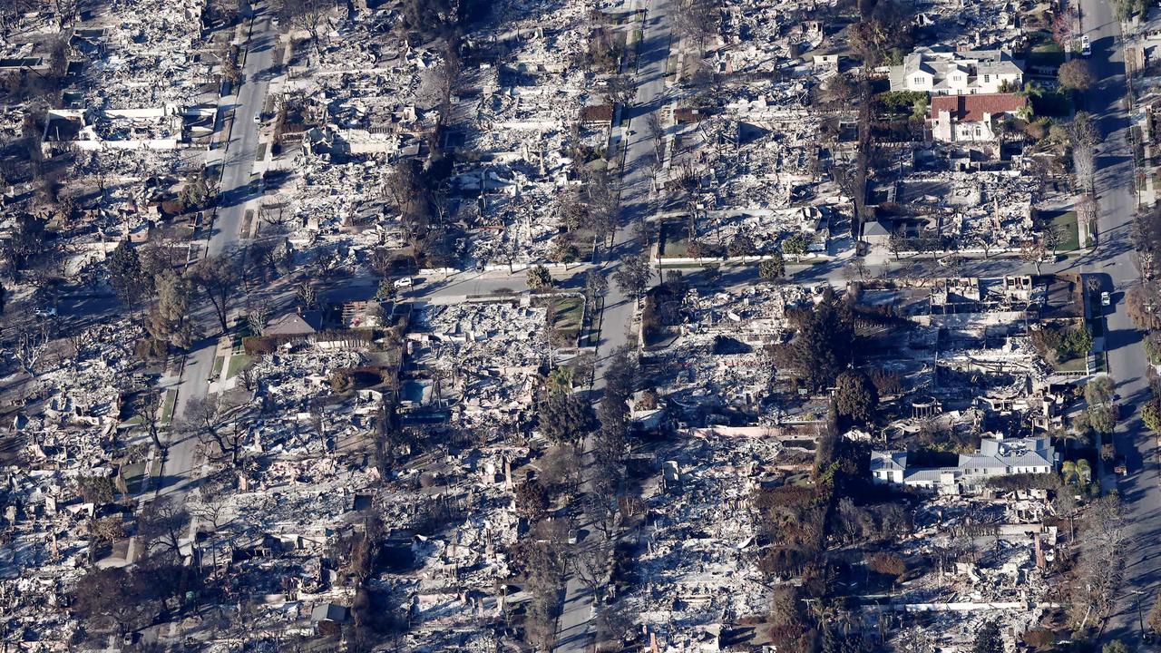 An aerial view of homes destroyed in the Palisades fire in Los Angeles. Picture: AFP