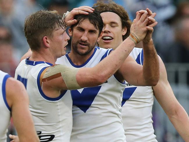 PERTH, AUSTRALIA - MAY 27: Jarrad Waite of the Kangaroos celebrates a goal  during the round 10 AFL match between the Fremantle Dockers and the North Melbourne Kangaroos at Optus Stadium on May 27, 2018 in Perth, Australia.  (Photo by Paul Kane/Getty Images)