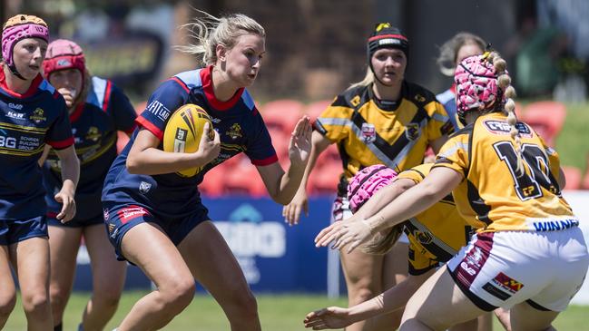 Libby Dunn of Western Clydesdales against Sunshine Coast Falcons in Harvey Norman under-19s QRL trial match at Clive Berghofer Stadium, Saturday, February 3, 2024. Picture: Kevin Farmer