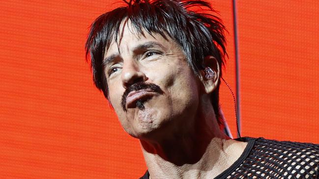 DAILY TELEGRAPH FEBRUARY 2, 2023. Red Hot Chili Peppers Anthony Kiedis on stage for their first concert at Accor Stadium at Sydney Olympic Park. Picture: Jonathan Ng