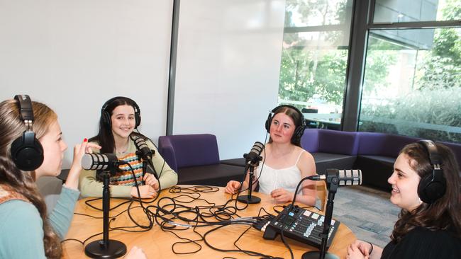 Sacred Heart students recording the Call it Out podcast. L-R Caroline Berg, Charlie Hayes, Hannah Brady, Ella Goodwin