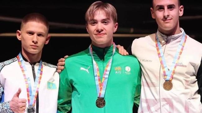 Tasmanian Tristan Styles won gold in the Double-Mini event at the 2023 World Trampoline Championships in Birmingham in November. Picture: Facebook.