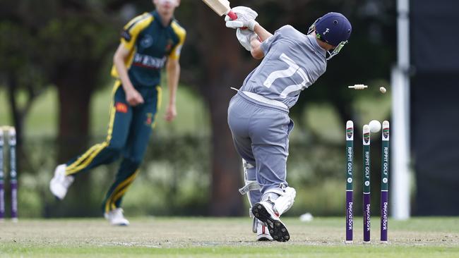 Wests Joseph Vandenbergh bowling out Stockton's Benjamin Leroux Miny. Wests Newcastle v Stockton in round four of the 2024 SG Moore Cup cricket, at Harker Oval. Picture: Michael Gorton