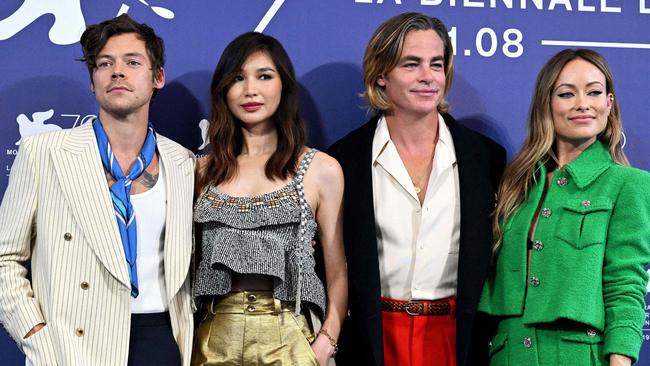 Styles (left) and Wilde (far right) with the stars of <i>Don’t Worry Darling</i>. Picture: Tiziana Fabi/AFP