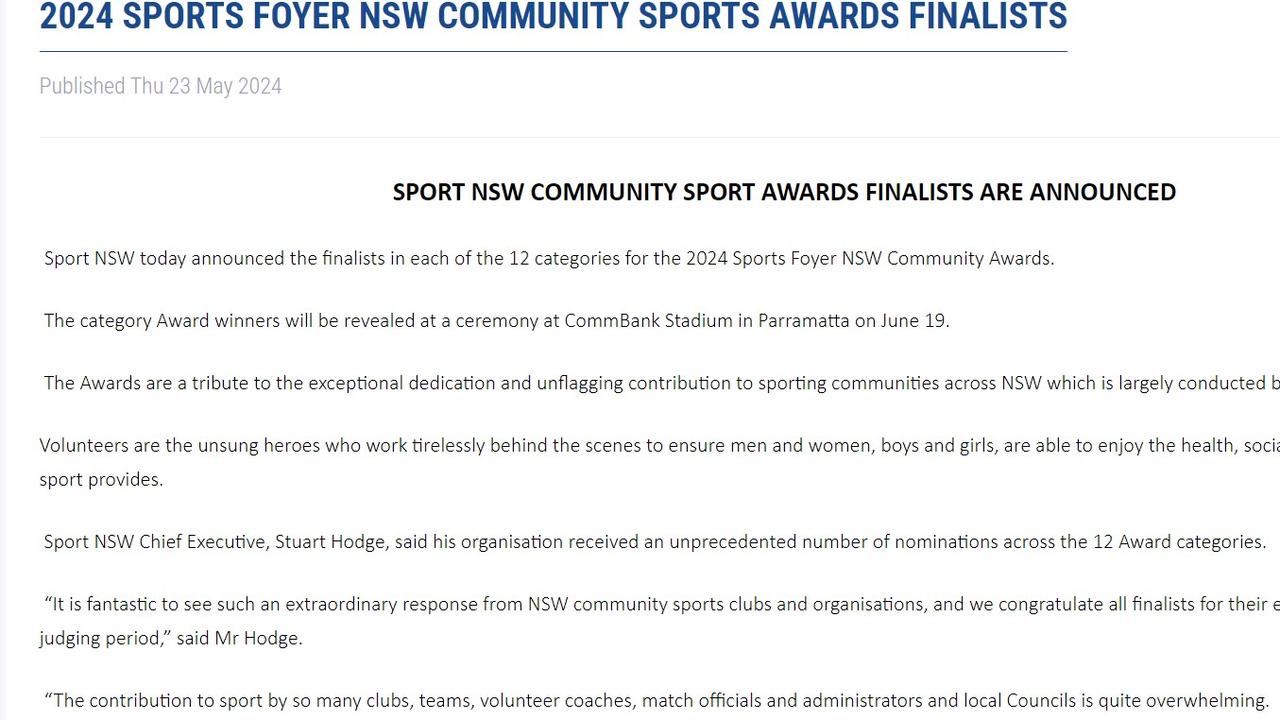 Just a day before Sports Foyer’s collapse the peak industry body for sport in the state, Sport NSW released a media release about its community sports awards finalist. Picture: Supplied