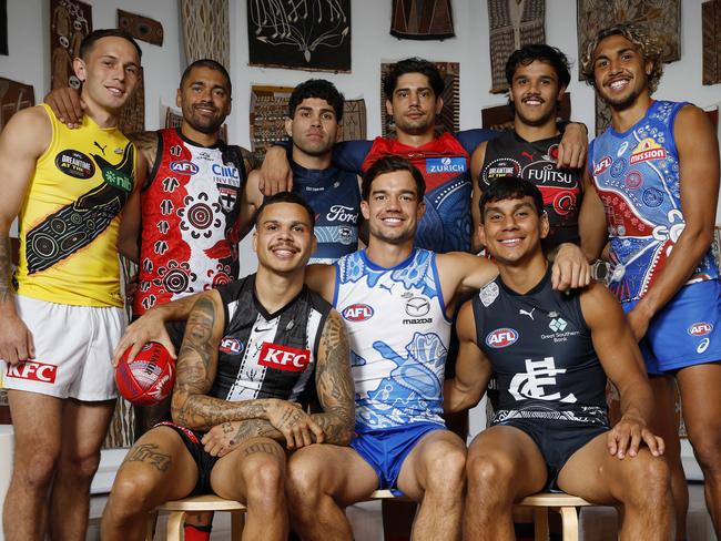 NCA. MELBOURNE, AUSTRALIA. May 13th, 2025 . AFL . Sir Doug Nicholls round launch at Wurrdha Marra and Bark Salon at the NGV.   Jesse Motlop - Carlton, Bobby Hill - Collingwood, Alwyn Davey Jnr - Essendon,Tyson Stengle - Geelong Cats, Jy Simpkin - North Melbourne, Shane McAdam - Melbourne, Rhyan Mansell - Richmond, Brad Hill - St Kilda and Arthur Jones - Western Bulldogs at todays launch      . Picture: Michael Klein