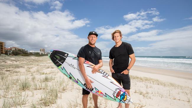 Surf legend Mick Fanning and Brownlow medallist and Fremantle captain Nat Fyfe. Picture by Luke Marsden.