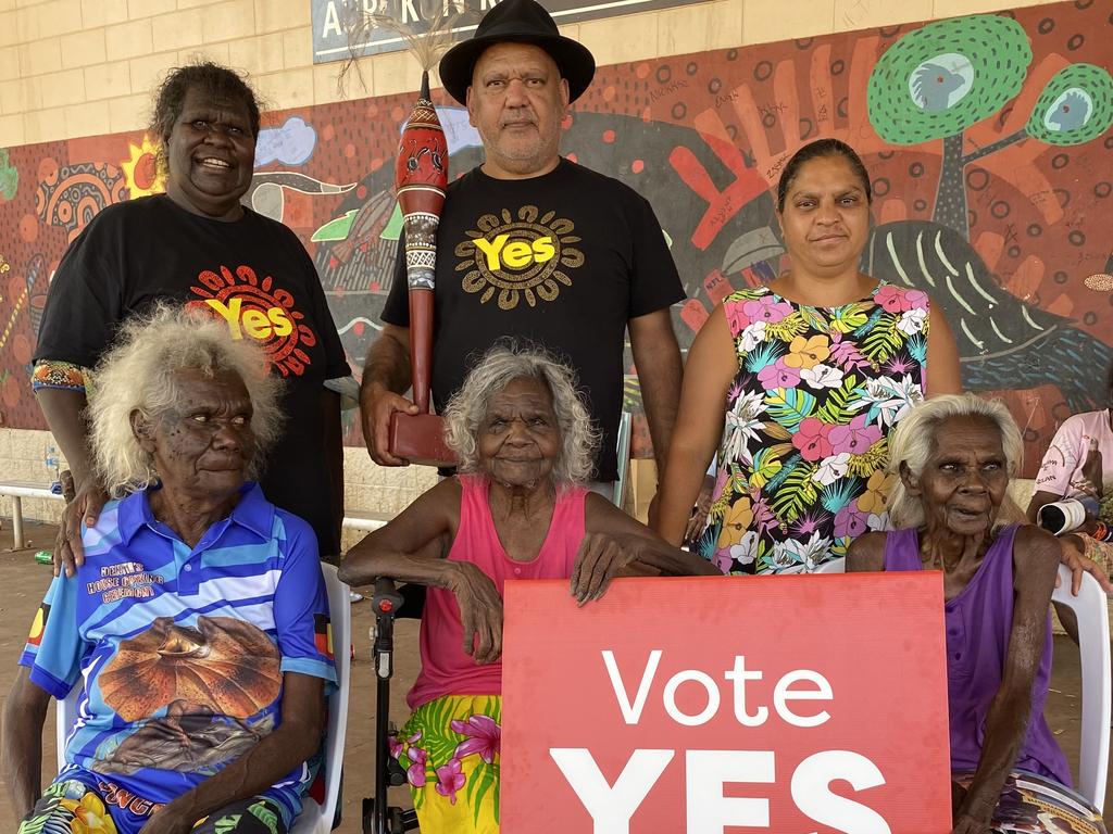 Yes campaigner and Cape York Indigenous leader Noel Pearson met with senior women and local residents from Aurukun in far north Queensland to discuss the Voice referendum ahead of remote polling starting for the community on September 26. Picture: Supplied