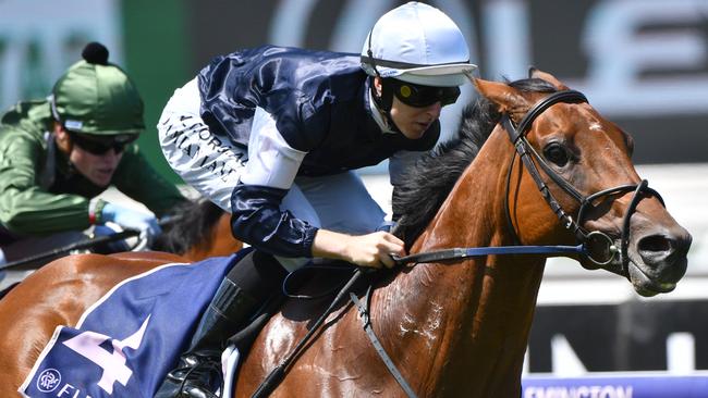 Jockey Damian Lane rides King Of Leogrance to victory in race 2, the Roy Higgins Quality, during Australian Guineas Day at Flemington Racecourse in Melbourne, Saturday, February 29, 2020. (AAP Image/Vince Caligiuri) NO ARCHIVING, EDITORIAL USE ONLY