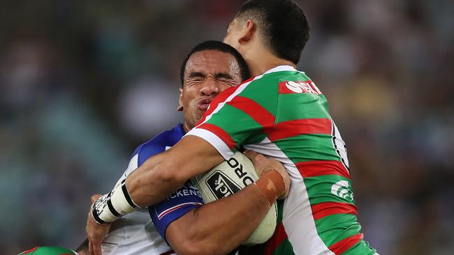 Bulldogs Will Hopoate is tackled during the South Sydney v Bulldogs NRL match at ANZ Stadium, Homebush. Picture: Brett Costello