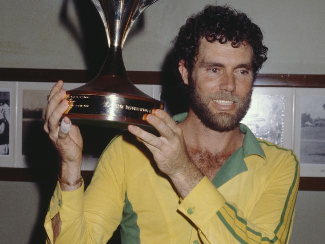 Australian cricket captain Greg Chappell holding the Benson & Hedges World Series Cup after Australia beat New Zealand to win the series at Sydney Cricket Ground, Sydney, Australia, 3rd February 1981. (Photo by Getty Images)