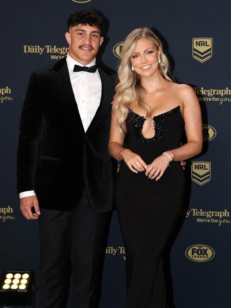 Kotoni Staggs of the Broncos and his partner Brittany. (Photo by Mark Kolbe/Getty Images)