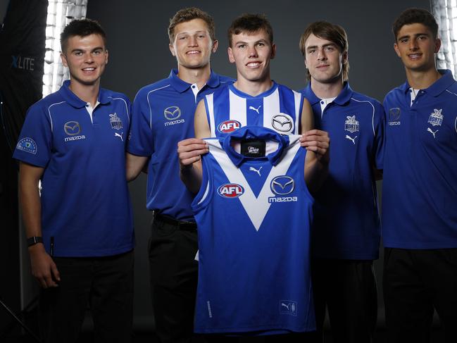 Colby McKercher, Zane Duursma, George Wardlaw and Harry Sheezel with new draftee Finn O’Sullivan after night one of the 2024 AFL draft. Picture: Daniel Pockett/Getty Images.