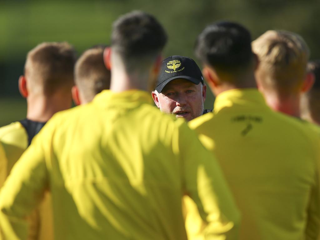 Ufuk Talay addresses the Phoenix ahead of their clash against Western United. Picture: Hagen Hopkins/Getty Images