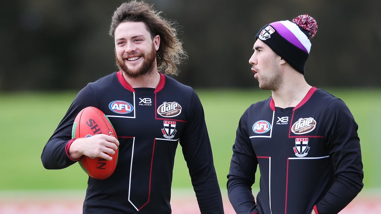 Jack Steven jokes with Jade Gresham at training this week.