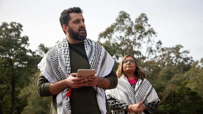 Greens candidate Omar Sakr with Greens deputy leader and NSW senator Mehreen Faruqi in the background. Picture: Instagram