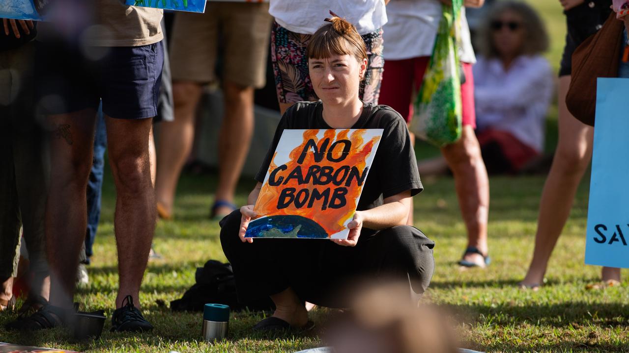 More than a hundred gathered to protest Middle Arm ahead of the second day of public hearings about the proposed development in Darwin. Picture: Pema Tamang Pakhrin