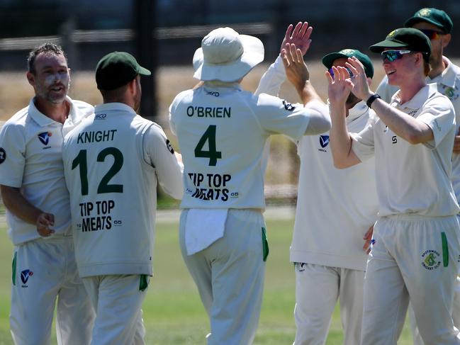 VSDCA: South West 1st XI, Round 14: Spotswood 1st XI vs Hoppers Crossing 1st XI, played at Donald Mclean Reserve\\ 1 East, Spotswood, Victoria, Saturday 1st March, 2025. Hoppers Crossing 1st XI Batman Bibek Virk walks back to the rooms after being caught out by SpotwoodÃ¢â¬â¢s Declan OÃ¢â¬â¢Brien, pictured celebrating with team mates after his catch. Picture: Andrew Batsch