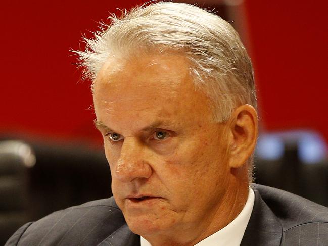 Mark Latham grills NSW Transport Secretary  Josh Murray as he appears as a witness at the Public Accountability and Works Committee Hearing at Parliament House. Picture: John Appleyard