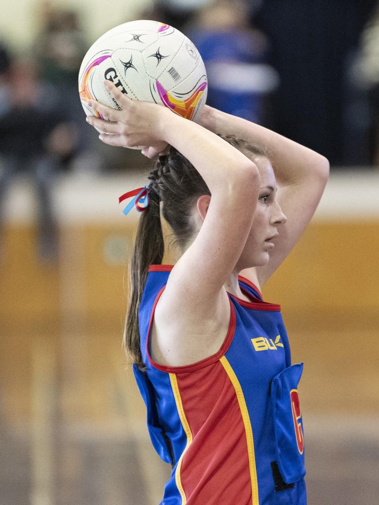 Emme French of Downlands Junior C against St Ursula's Junior Development in Merici-Chevalier Cup netball at Salo Centre, Friday, July 19, 2024. Picture: Kevin Farmer