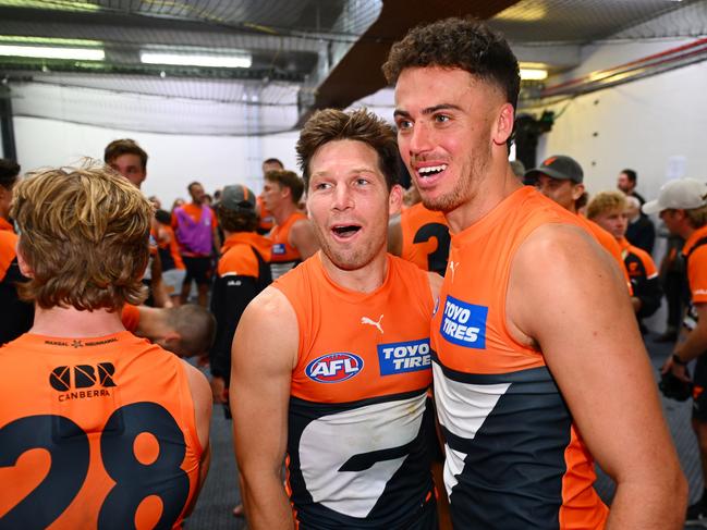 CANBERRA, AUSTRALIA - APRIL 13: Toby Greene and Jake Riccardi of the Giants celebrate victory during the round five AFL match between Greater Western Sydney Giants and St Kilda Saints at Manuka Oval, on April 13, 2024, in Canberra, Australia. (Photo by Morgan Hancock/Getty Images)