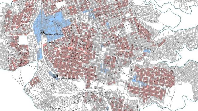 A map showing radius limits (circled) where multistorey units could be built around areas defined as ‘local centres’.