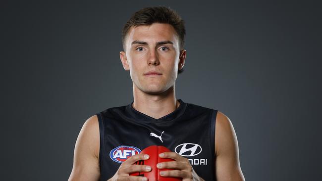 MELBOURNE, AUSTRALIA - NOVEMBER 20: Jagga Smith of the Blues poses for a photograph during the 2024 AFL Draft at Marvel Stadium on November 20, 2024 in Melbourne, Australia. (Photo by Daniel Pockett/Getty Images)