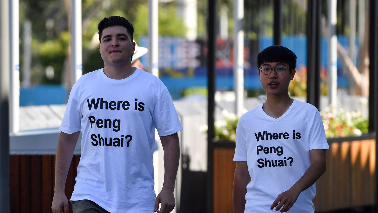 Australian human rights campaigner Drew Pavlou is pictured wearing a "Where is Peng Shuai?" T-shirt. Picture: AFP