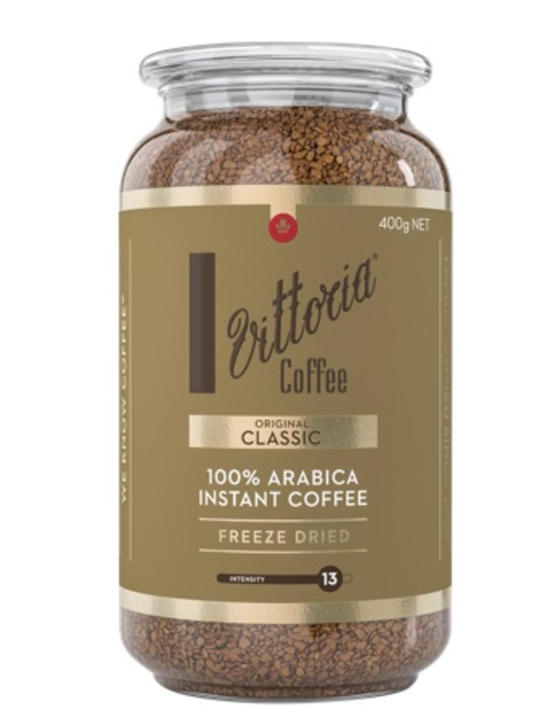 Vittoria started selling instant coffee in glass jars in 2021. The court found the glass jar designs were not “deceptively similar, dismissing JDE’s claim. Picture: Supplied