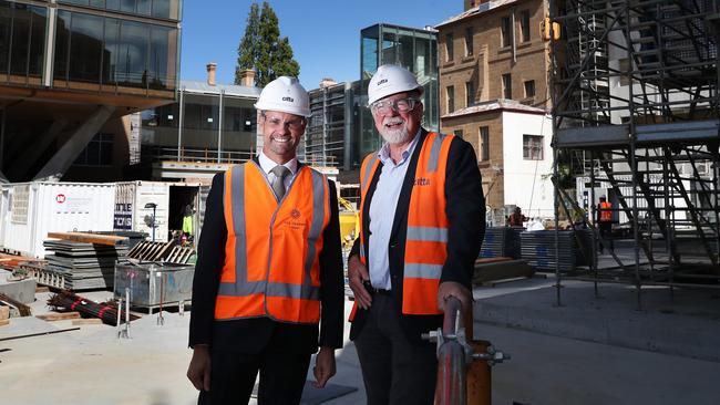 Stephen Morahan general manager The Tasman and Barney Phillips of Citta. Premier Peter Gutwein tours the Parliament Square Project in Hobart. Picture: NIKKI DAVIS-JONES