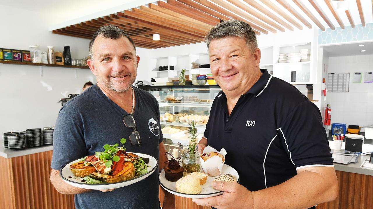 New Maroochydore Cafe, Barista On Baden, business partners Jamie Milverton and Richard Lane. The pair have a combined 70 years in the hospitality industry and Richard served as a butler to the Queen when she stayed at the Novotel Twin Waters in 2003. Picture: Patrick Woods.