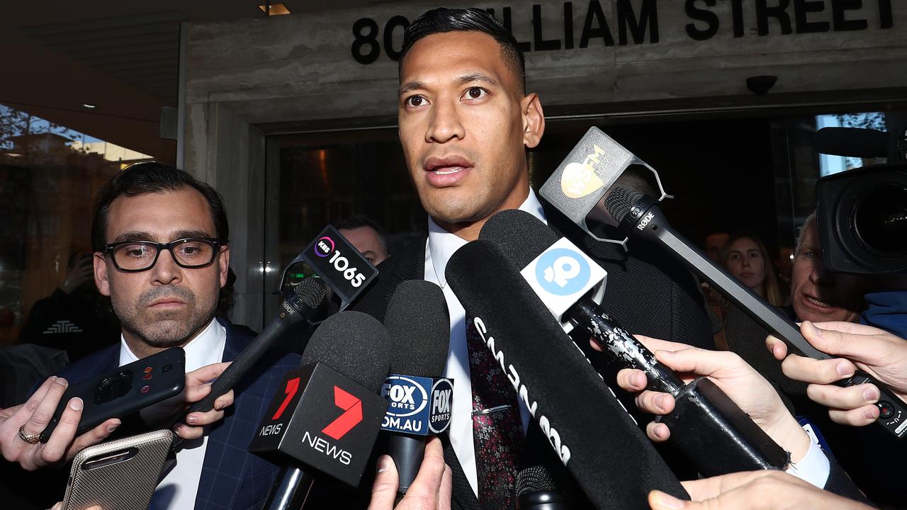 Israel Folau speaks to media following his conciliation meeting with Rugby Australia.