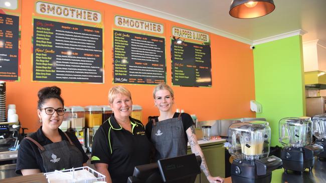 Kiahnee Eggmolesse, Sandra Rowcliffe and Lauren Stevens on the opening day of the North Rockhampton store. Picture: Vanessa Jarrett