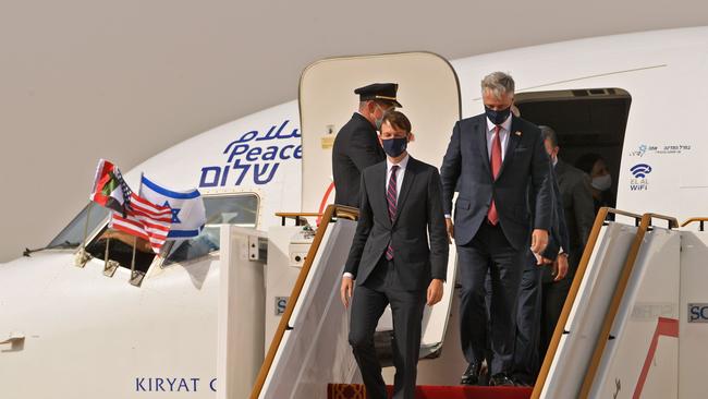 US Presidential Adviser Jared Kushner disembarks from an El Al's airliner at Abu Dhabi airport after flying on the first-ever commercial flight from Israel to the UAE. Picture: AFP