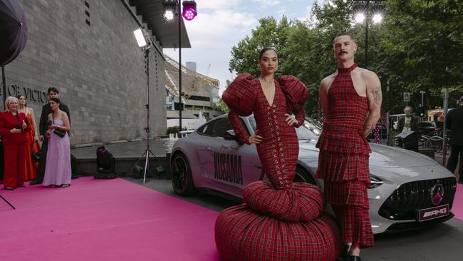 Shanina Shaik wearing custom emerging Australian designer Jarrod Reid, a piece commissioned by Mercedes-Benz. Picture: Supplied