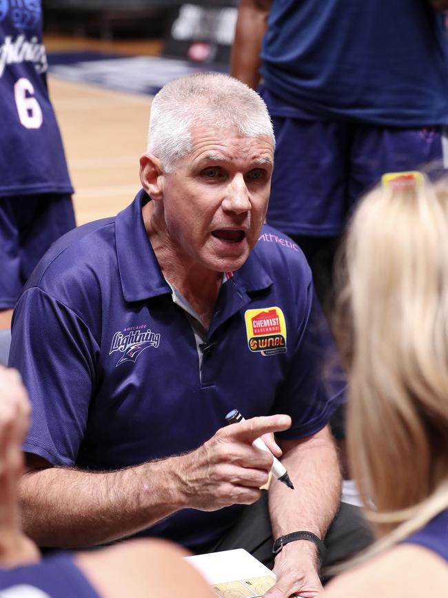 Adelaide Lightning coach Chris Lucas addresses his players during this past season’s WNBL grand final. Picture: Sarah Reed