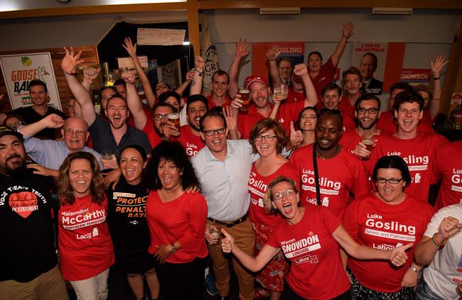 Mr Gosling and wife Kate with Senator Malarndirri McCarthy among the Labor faithful. Picture: Keri Megelus