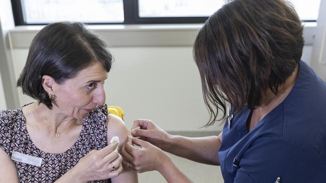 The Premier receives the AstraZeneca vaccine at St George Hospital in Kogarah today. Picture: Getty