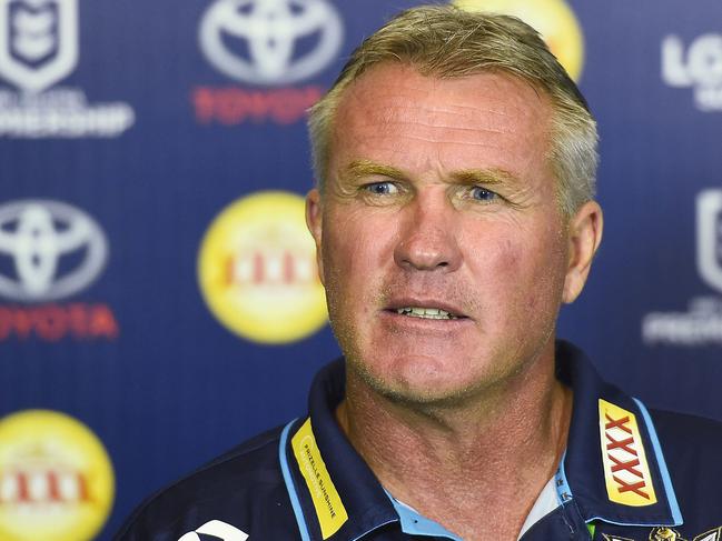 TOWNSVILLE, AUSTRALIA - MAY 03: Titans coach Garth Brennan speaks at the post match media conference at the end of during the round eight NRL match between the North Queensland Cowboys and the Gold Coast Titans at 1300SMILES Stadium on May 03, 2019 in Townsville, Australia. (Photo by Ian Hitchcock/Getty Images)