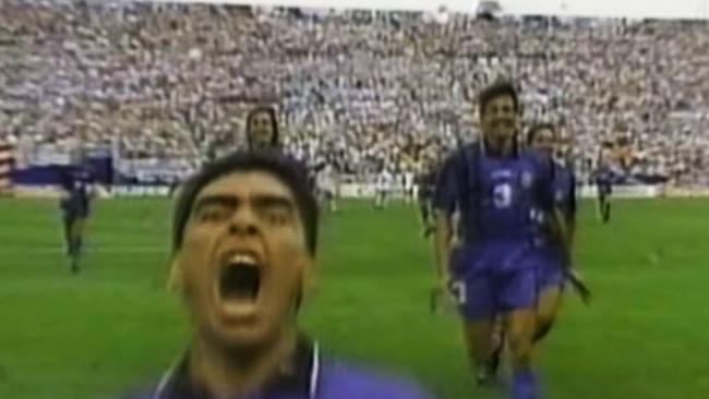 Diego Maradona celebrates scoring against Greece in the 1994 World Cup.