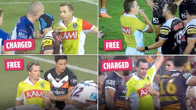 Clockwise from top left: Klemmer touched Ben Cummins, Trent Merrin makes contact, James Robert took an early guilty plea on his charge, and Mitchell Moses also came under scrutiny.