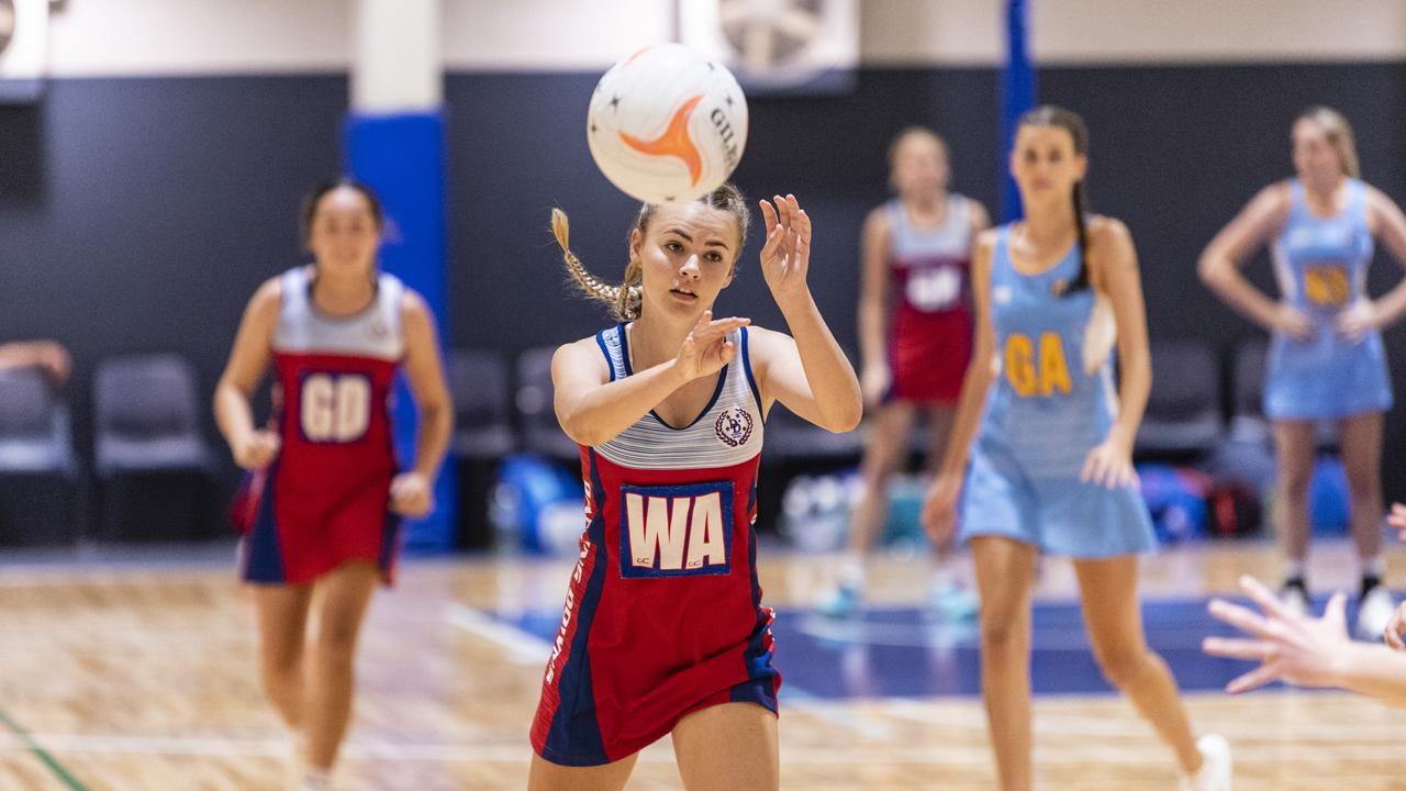 Krista Hughes for Darling Downs against Peninsula in Queensland School Sport 16-19 Years Girls Netball Championships at Clive Berghofer Arena, St Mary's College, Friday, May 6, 2022. Picture: Kevin Farmer