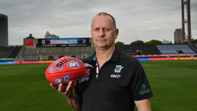 Power coach Ken Hinkley poses for a photo during a training session at Jiangwan Stadium in Shanghai, China, Thursday, May 30, 2019. (AAP Image/David Mariuz) NO ARCHIVING