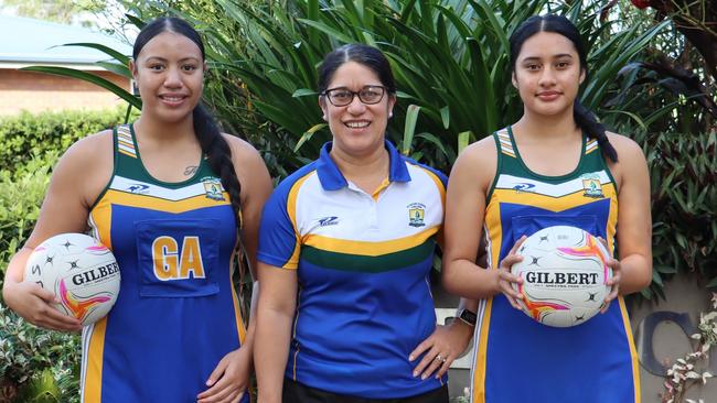 Claver’s gun netball coach with her rookies on the rise. Left to right: Kirsten Lupe-Tanielu, Amy Fatialofa, Saupo Toeleiu
