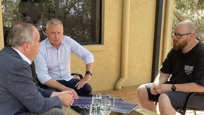 Housing Minister Nic Street and Premier Jeremy Rockliff discuss the Liberals' new policy to abolish stamp duty for first home-buyers. Pictured with Blackmans Bay renter Alex Packer, who would benefit from the pledge. Picture: Rob Inglis