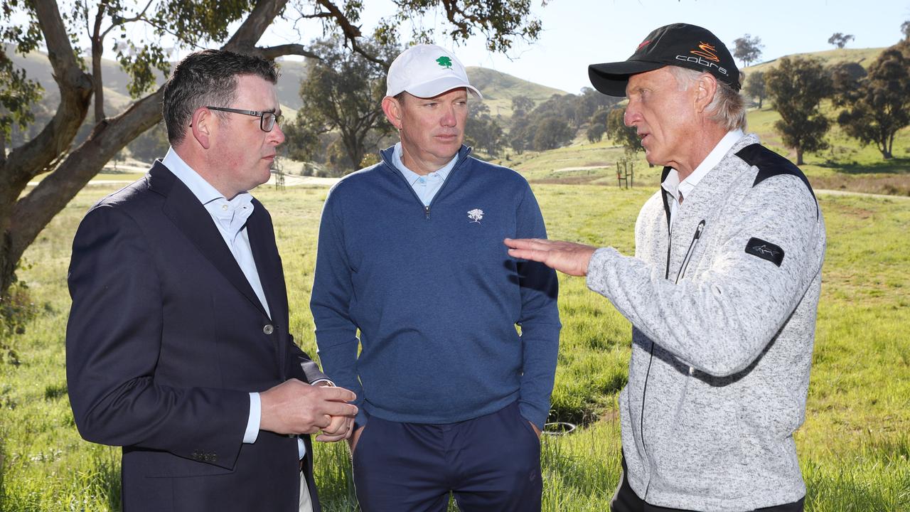 Premier Dan Andrews, David Evans ands Greg Norman. Picture: David Crosling