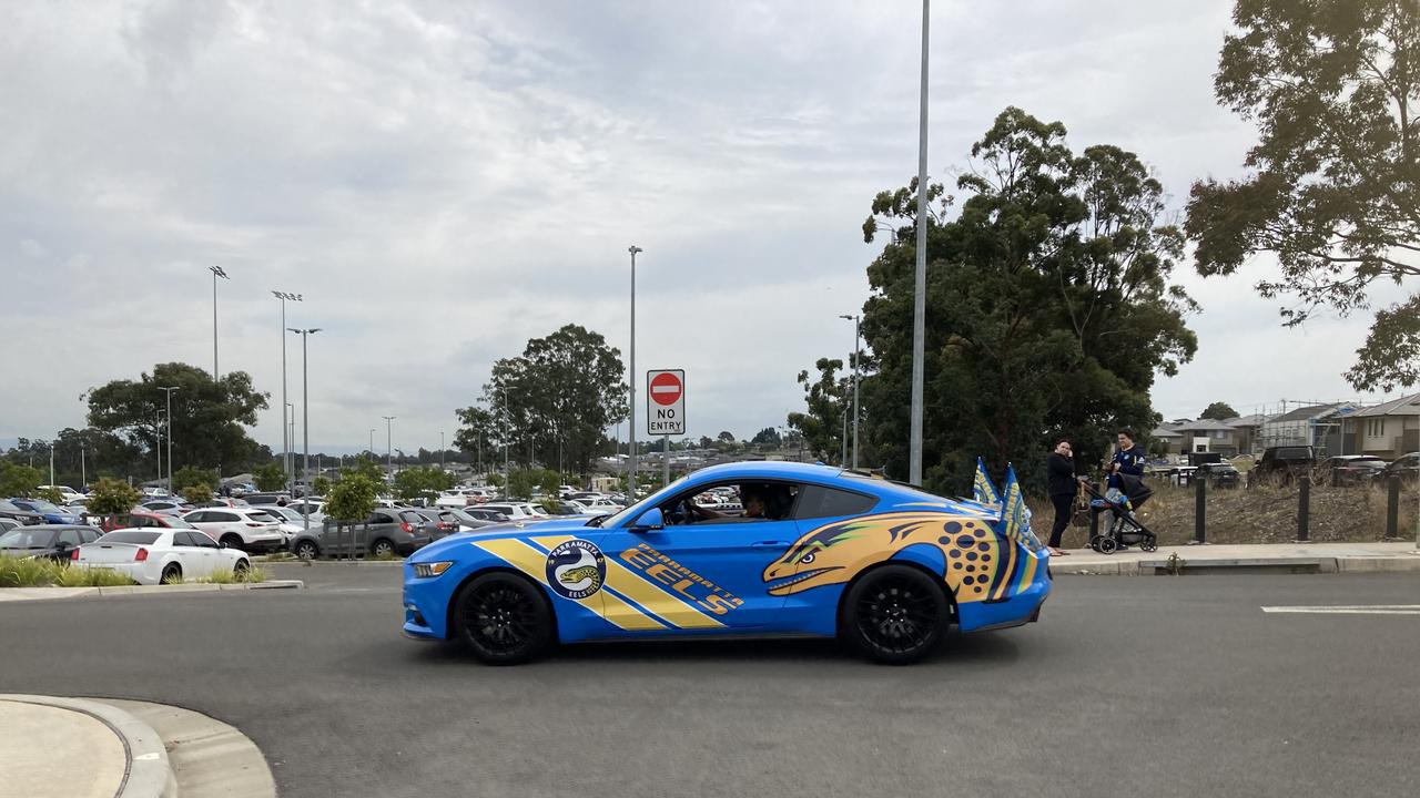 Parramatta super fan Laiakini Tikoibau who rocked up in his Eels Ford Mustang. Picture: Michael Carayannis